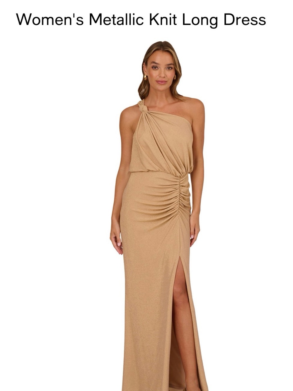 NWT Adrianna Papell One-Shoulder Metallic Knit Gown in Champagne Gold